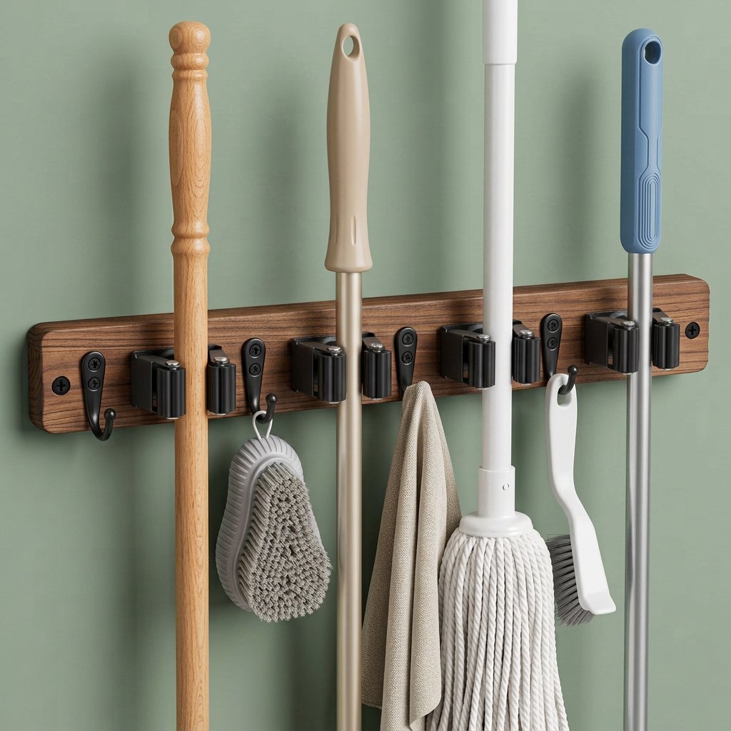 Wooden Mop and Broom Holder Wall Rack, 4 Slots and 4 Hooks