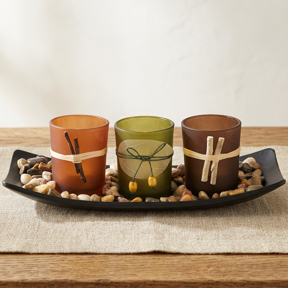 Natural Candlescape Votive Holder Set with Decorative Rocks and Tray