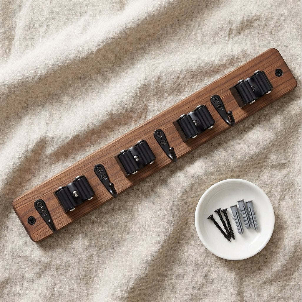 Wooden Mop and Broom Holder Wall Rack, 4 Slots and 4 Hooks